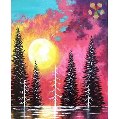 Atardecer Colorido Pinos Espejo de Agua