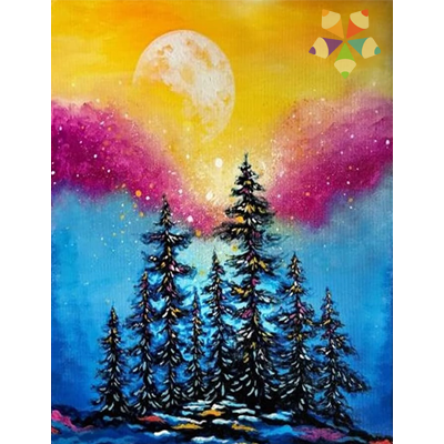 Atardecer Pinos Montaña Celajes Luna llena