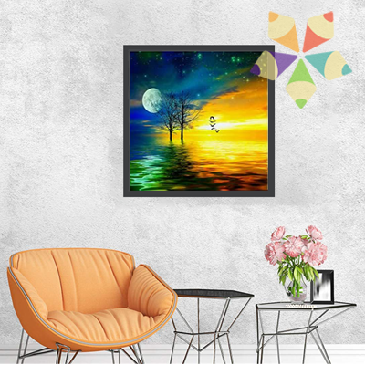 Paisaje Luna Reflejo Aves Celajes Árboles Cielo Estrellado