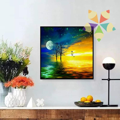 Paisaje Luna Reflejo Aves Celajes Árboles Cielo Estrellado