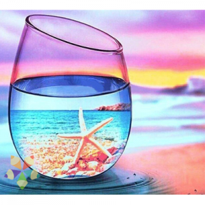 Vaso con Estrella de Mar y Celajes Rosados Playa Atardecer