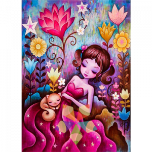 Niña Dormida Princesa con Gato en el Regazo