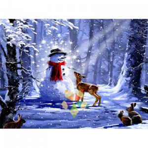 Muñeco de Nieve en el Bosque con Ciervo Nieve Conejos