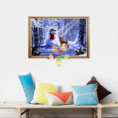 Muñeco de Nieve en el Bosque con Ciervo Nieve Conejos