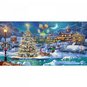 Paisaje Navideño Pueblo Arbol Siervo Pueblito Luna Lago Nieve Trineo Santa Claus Regalos