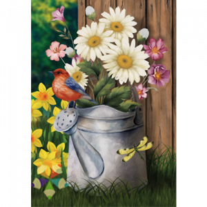 Regadera de lata margaritas narcisos cardenal pajarito flores frescas libélula