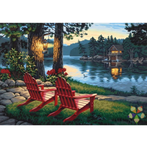 Cabaña Rústica Paisaje Lago Bancas Bosque