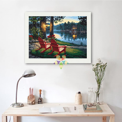 Cabaña Rústica Paisaje Lago Bancas Bosque