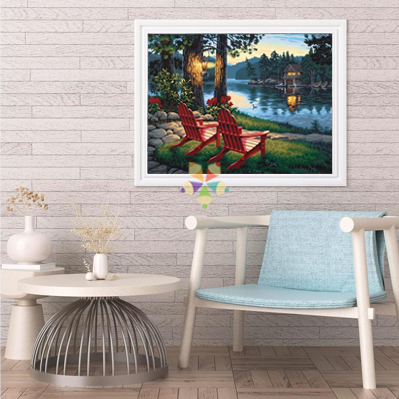 Cabaña Rústica Paisaje Lago Bancas Bosque