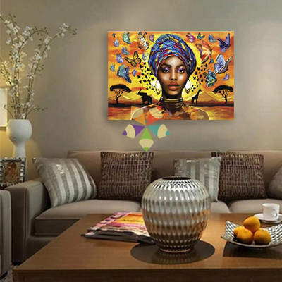 Mujer raza negra turbante Elefante jirafa paisaje africano Mariposas atardecer sabana