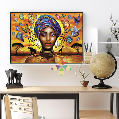 Mujer raza negra turbante Elefante jirafa paisaje africano Mariposas atardecer sabana