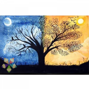 Árbol Día y Noche Sol y Luna Luz y Oscuridad Acuarela Ramas