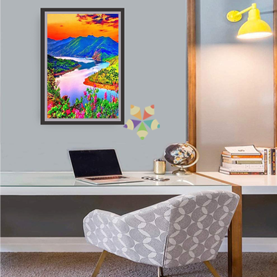 Atardecer Paisaje Naranja Celajes Río Meandros Árboles Follaje Flores