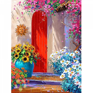 Patio Colonial Puerta Roja Girasoles Veraneras Margaritas Sol Ladrillos Veranda