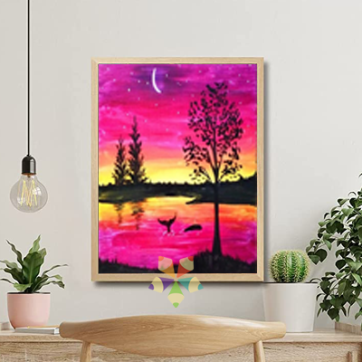 Paisaje Atardecer Celajes Rosados Delfín Siluetas Cachito de Luna