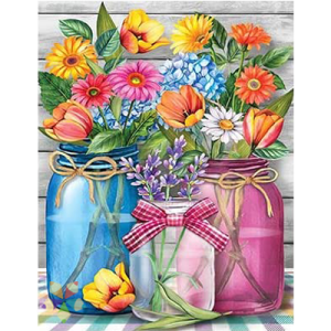 Composición Floral Ramo Pétalos Colores Flores Frascos Mason Jar Cinta Lazo mantel