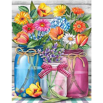 Composición Floral Ramo Pétalos Colores Flores Frascos Mason Jar Cinta Lazo mantel