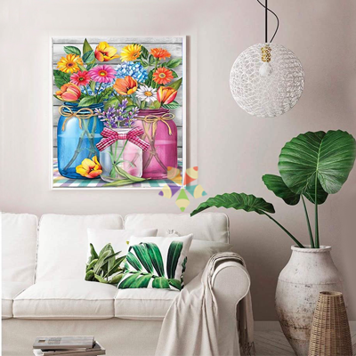 Composición Floral Ramo Pétalos Colores Flores Frascos Mason Jar Cinta Lazo mantel