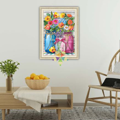 Composición Floral Ramo Pétalos Colores Flores Frascos Mason Jar Cinta Lazo mantel