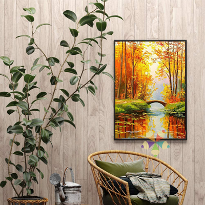 Paisaje Naranja Celajes Río Árboles Follaje Puente