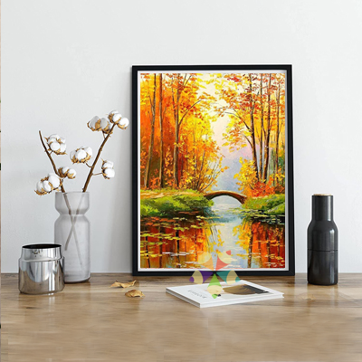 Paisaje Naranja Celajes Río Árboles Follaje Puente