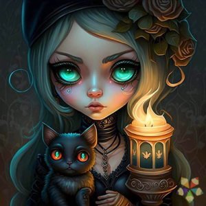 Niña Ojos Iluminados Gato Negreo Farol Steampunk Victoriano Gótico Mágia Merlina Wednesday