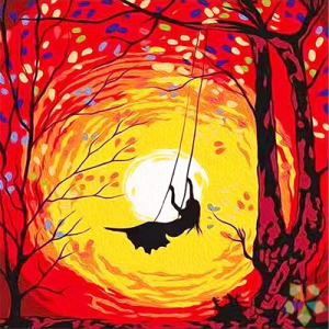 Atardecer Niña Columpio Hamaca Rojo intenso hojas flores