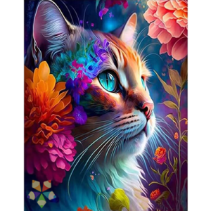 Gato Felino Miau Minino Felix Pensativo Elegante Mirada Flores Pétalos Bigotes Neón Fluo Colorido Arcoiris Multicolor