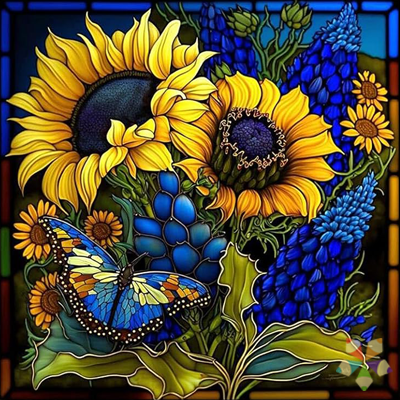 Girasoles Flores Amarillas Pétalos Dorados Vitral Azul