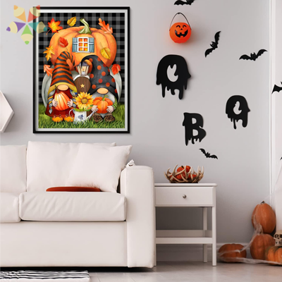 Gnomos Halloween regadera calabaza casita gorritos Flores Otoño