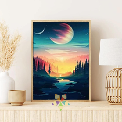 Tres Lunas Montañas Río Bosque Cielo Celajes