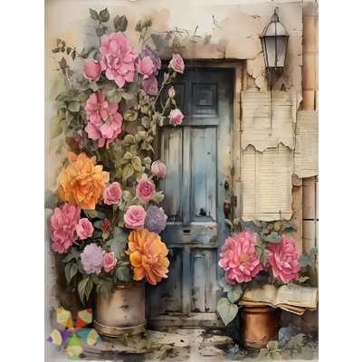 Puerta antigua Vintage Flores Rosas Farol Libro abierto páginas relato historia