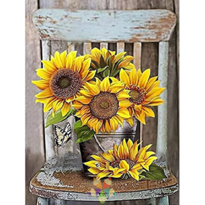 Girasoles Flores Amarillas Pétalos Dorados Silla Rústica Madera