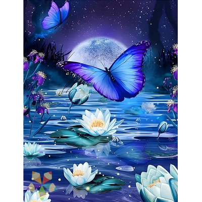 Mariposa Morpho Alas Azules Cielo Luna satélite Flores de Loto pureza pétalos