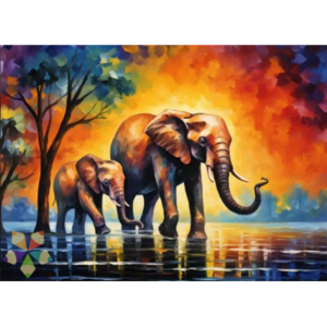 Familia de Elefantes Africa India Sabana Colmillos de Marfil Trompa Paisaje de Colores