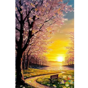 Atardecer Roble Sabana Flores Rosadas sendero banca sol Paisaje