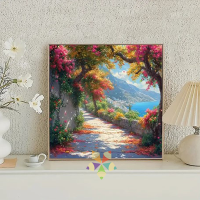 Vista al Mar Pueblito Sendero Montaña Paisaje Veranera Rosada fucsia flores verano sol