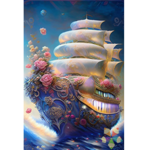 Carabela Barco Velas Océano Mar Olas Viaje Travesía Navegante Fantasía Elfos Rosas flores Barroco