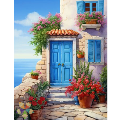 Puerta de Madera colonial rústica pintada maceteras flores arbusto colorido