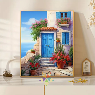 Puerta de Madera colonial rústica pintada maceteras flores arbusto colorido