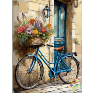 Bicicleta Vintage Banana con Flores de Colores Verano Puerta Antigua Farol Muro de Piedra