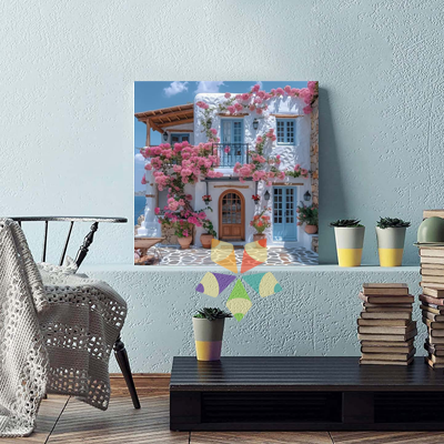 Fachada Adobe casa cabaña de piedra campiña europea mediterránea enrredadera rosas flores balcón