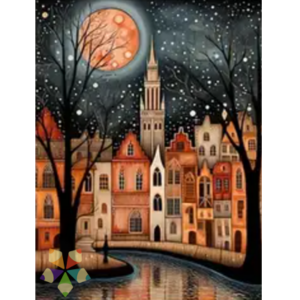 Fachadas Nocturnas Luna Llena Estrellas Ciudad Dormida