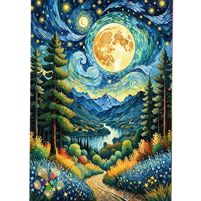 Noche Mágica Cielo Nocturno Estrellas Pinos Montañas Paisaje Río Galaxia Flores