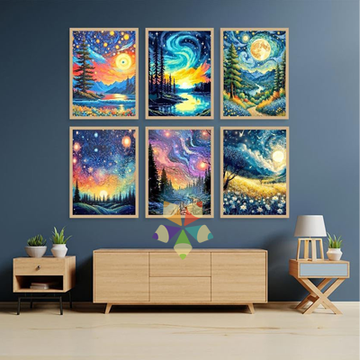 Noche Mágica Cielo Nocturno Estrellas Pinos Montañas Paisaje Río Galaxia Flores