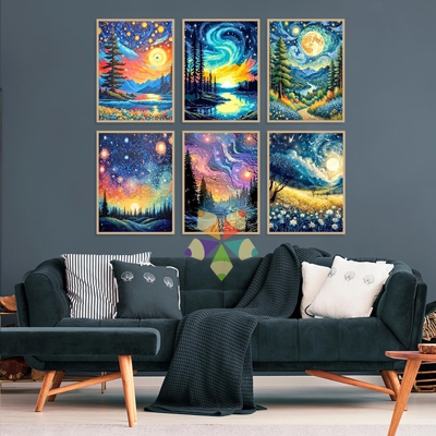 Noche Mágica Cielo Nocturno Estrellas Pinos Montañas Paisaje Río Galaxia Flores