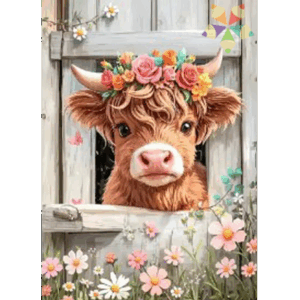 Vaca Vacuno Granja Corona de Flores Blancas Tierna Simpática Escocia