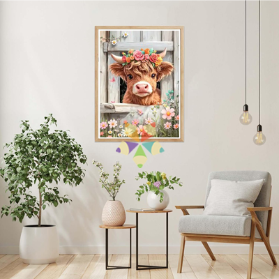 Vaca Vacuno Granja Corona de Flores Blancas Tierna Simpática Escocia