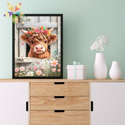 Vaca Vacuno Granja Corona de Flores Blancas Tierna Simpática Escocia