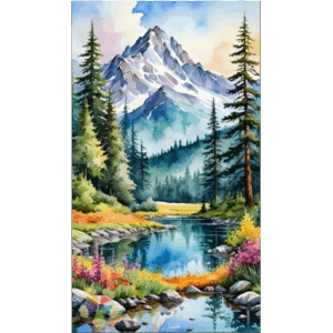 Paisaje Alpino Reflejado en un Río Picos Rocosos Cielo Agua cristalina Riachuelo Pinos bosque siempreverde